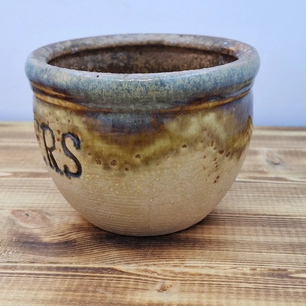 Mini Ceramic Flower Pot Green Glazed Ring On Tan 3.5